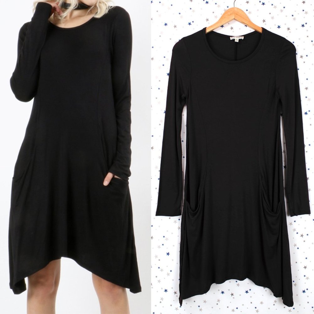Black Princess Seam Tunic Dress w/ Pockets